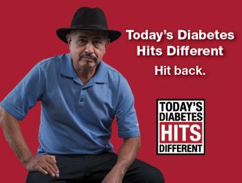 Latino man in hat sitting in front of red background with American Diabetes Month Todays Diabetes Hits Different logo on right