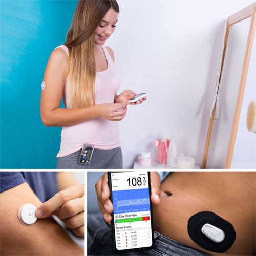 woman testing blood glucose on finger in bathroom, cgm on arm, cgm on stomach with results on smartphone