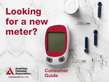 Glucose meter on marble surface with blood sugar testing supplies. Copy on image says Looking for a new meter?