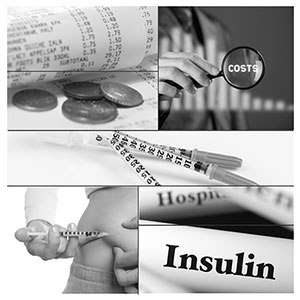 Black and white images of receipt and change, magnifying glass, insulin syringes, person injecting insulin, and magnifying glass