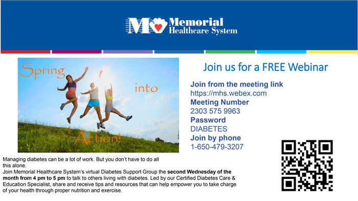 Memorial healthcare system free virtual diabetes support group flyer showing three people jumping in the air on sunny day