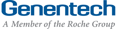 Genentech blue corporate logo over the words a member of the roche group